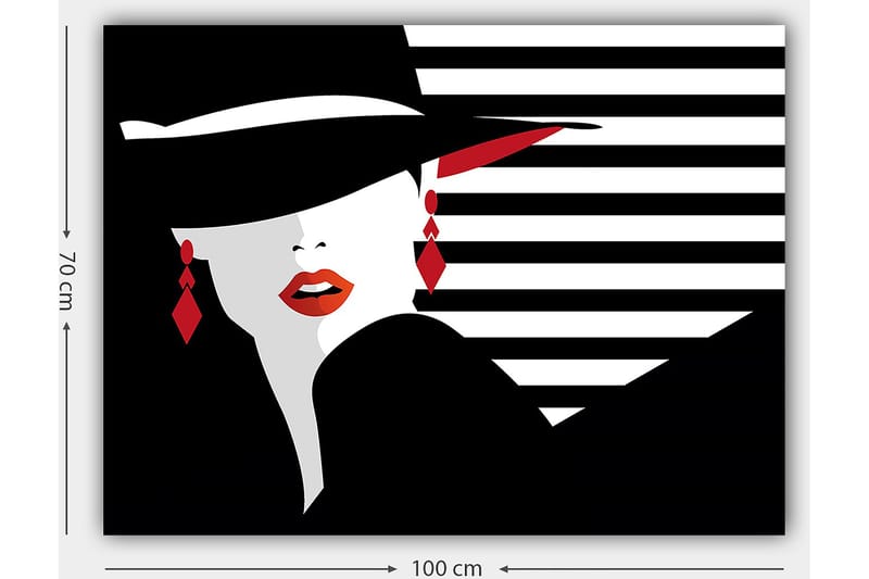 Lærred 70x100 cm - Stiliseret kvinde med hat og røde detaljer, der fremhæver hendes ansigt og smykker - Sort / Hvid / Rød - Boligtilbehør - Billeder & kunst - Billeder på lærred