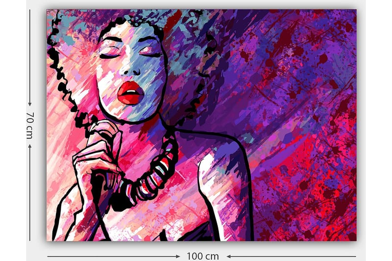 Lærred 70x100 cm - Stiliseret kvinde med krøllet hår, der synger med lukkede øjne - Lilla / Lyserød / Rød - Boligtilbehør - Billeder & kunst - Billeder på lærred