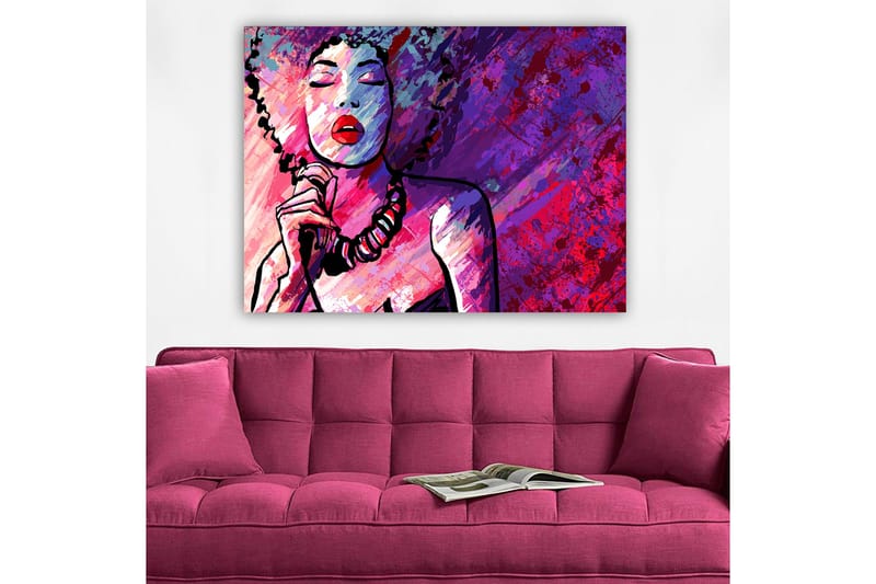 Lærred 70x100 cm - Stiliseret kvinde med krøllet hår, der synger med lukkede øjne - Lilla / Lyserød / Rød - Boligtilbehør - Billeder & kunst - Billeder på lærred
