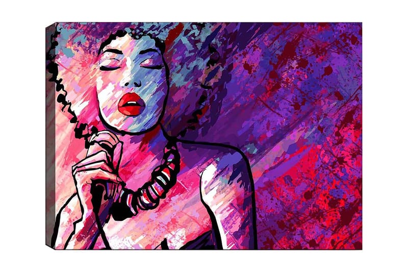 Lærred 70x100 cm - Stiliseret kvinde med krøllet hår, der synger med lukkede øjne, Lilla / Lyserød / Rød