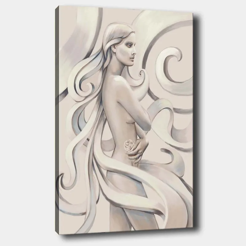 Lærred 70x100 cm - Stiliseret kvinde med langt hår, der holder en rose, omgivet af fejende linjer, Hvid / Lysegrå / Mørkegrå