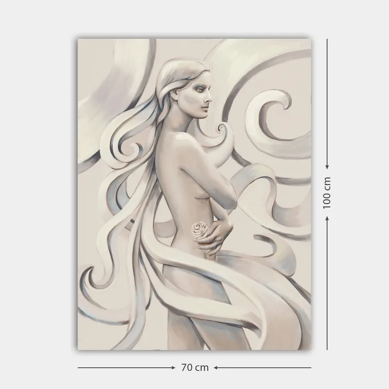 Lærred 70x100 cm - Stiliseret kvinde med langt hår, der holder en rose, omgivet af fejende linjer - Hvid / Lysegrå / Mørkegrå - Boligtilbehør - Billeder & kunst - Billeder på lærred