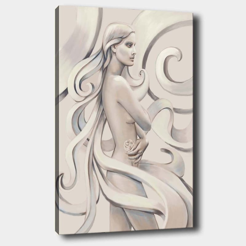 Lærred 70x100 cm - Stiliseret kvinde med langt hår, der holder en rose, omgivet af fejende linjer, Hvid / Lysegrå / Mørkegrå
