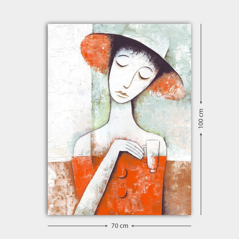 Lærred 70x100 cm - Stiliseret kvinde med rød kjole og hat, der holder et glas - Rød / Hvid / Grøn - Boligtilbehør - Billeder & kunst - Billeder på lærred