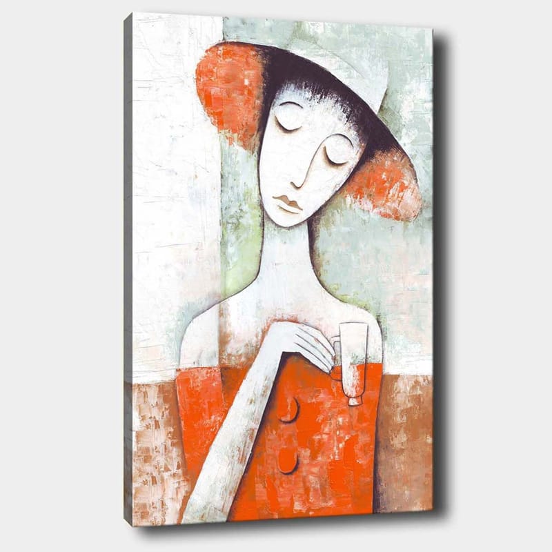 Lærred 70x100 cm - Stiliseret kvinde med rød kjole og hat, der holder et glas, Rød / Hvid / Grøn