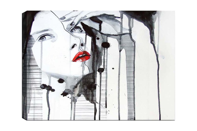 Lærred 70x100 cm - Stiliseret kvinde med rød læbestift, der fremhæver hendes ansigt i en dramatisk sort-hvid komposition, Rød / Sort / Hvid