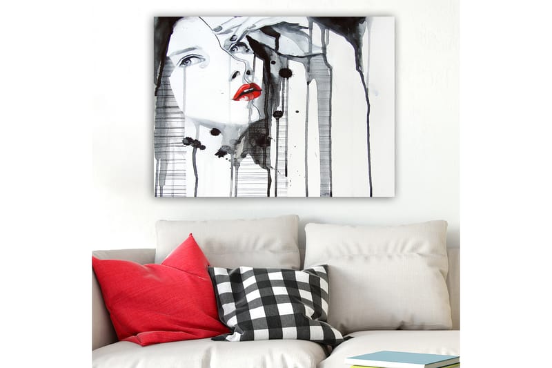 Lærred 70x100 cm - Stiliseret kvinde med rød læbestift, der fremhæver hendes ansigt i en dramatisk sort-hvid komposition - Rød / Sort / Hvid - Boligtilbehør - Billeder & kunst - Billeder på lærred