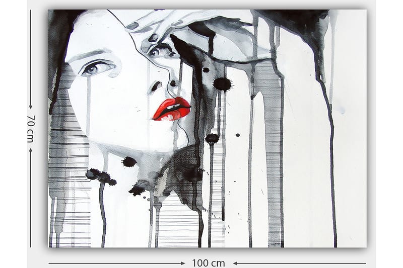 Lærred 70x100 cm - Stiliseret kvinde med rød læbestift, der fremhæver hendes ansigt i en dramatisk sort-hvid komposition - Rød / Sort / Hvid - Boligtilbehør - Billeder & kunst - Billeder på lærred