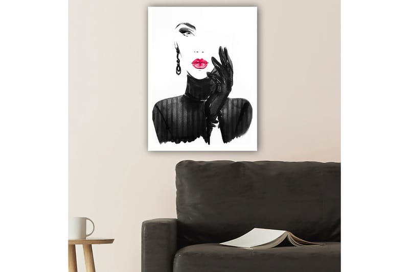 Lærred 70x100 cm - Stiliseret kvinde med rød læbestift og sorte handsker - Sort / Rød - Boligtilbehør - Billeder & kunst - Billeder på lærred