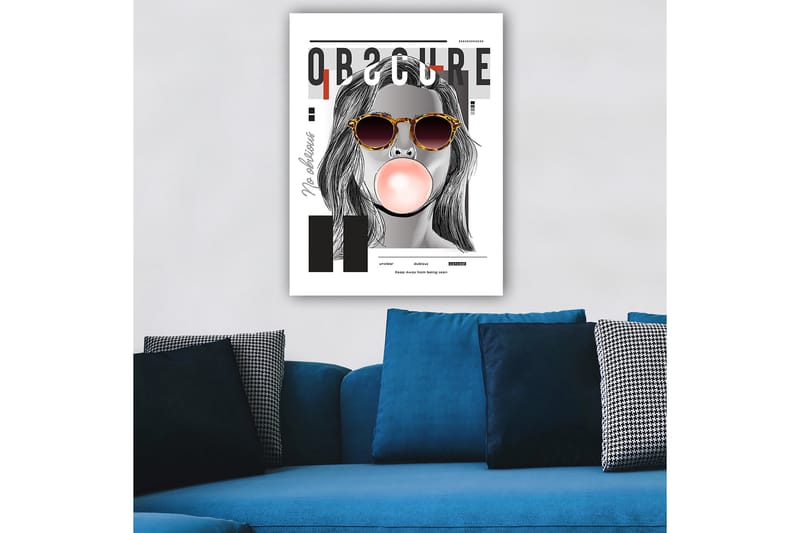 Lærred 70x100 cm - Stiliseret kvinde med solbriller, der puster en tyggegummikugle, Sort / Grå / Rød