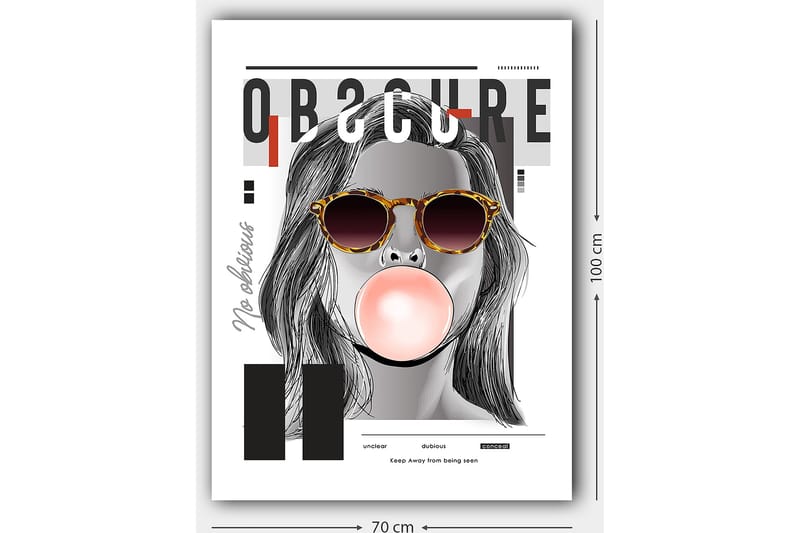 Lærred 70x100 cm - Stiliseret kvinde med solbriller, der puster en tyggegummikugle - Sort / Grå / Rød - Boligtilbehør - Billeder & kunst - Billeder på lærred