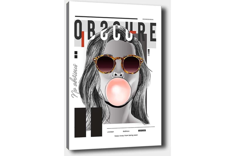 Lærred 70x100 cm - Stiliseret kvinde med solbriller, der puster en tyggegummikugle - Sort / Grå / Rød - Boligtilbehør - Billeder & kunst - Billeder på lærred