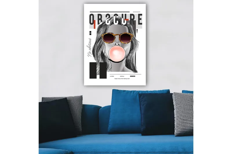 Lærred 70x100 cm - Stiliseret kvinde med solbriller, der puster en tyggegummikugle, Sort / Grå / Rød