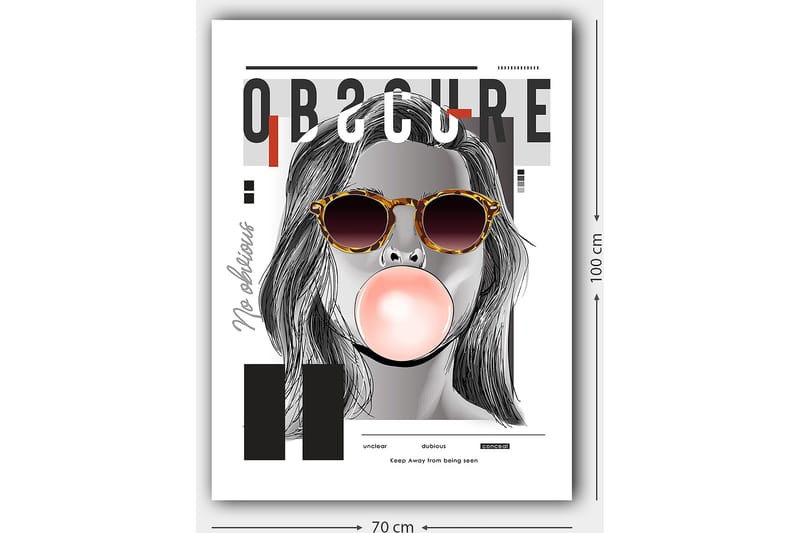 Lærred 70x100 cm - Stiliseret kvinde med solbriller, der puster en tyggegummikugle - Sort / Grå / Rød - Boligtilbehør - Billeder & kunst - Billeder på lærred