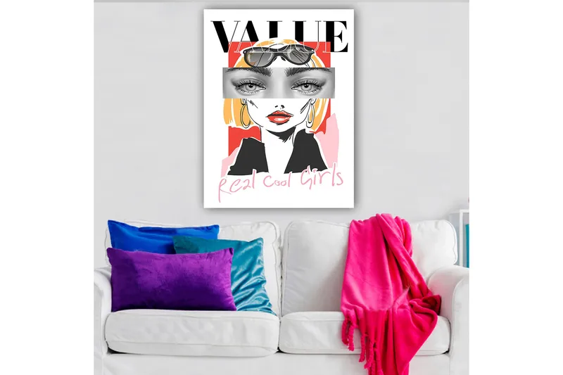 Lærred 70x100 cm - Stiliseret kvinde med solbriller og en moderne, farverig baggrund, Lyserød / Sort / Gul