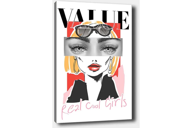 Lærred 70x100 cm - Stiliseret kvinde med solbriller og en moderne, farverig baggrund - Lyserød / Sort / Gul - Boligtilbehør - Billeder & kunst - Billeder på lærred