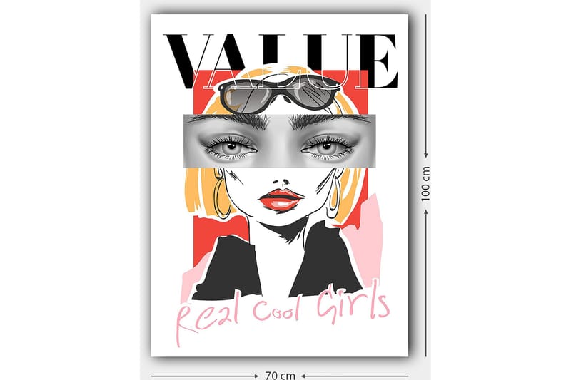 Lærred 70x100 cm - Stiliseret kvinde med solbriller og en moderne, farverig baggrund - Lyserød / Sort / Gul - Boligtilbehør - Billeder & kunst - Billeder på lærred