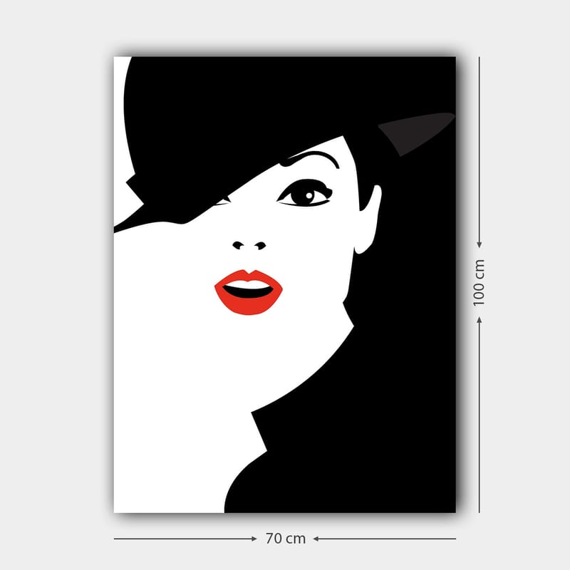 Lærred 70x100 cm - Stiliseret kvinde med sort hat og røde læber - Sort / Hvid / Rød - Boligtilbehør - Billeder & kunst - Billeder på lærred