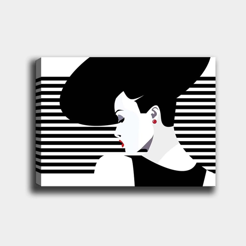 Lærred 70x100 cm - Stiliseret kvinde med stor frisure i profil, omgivet af sorte og hvide striber, Sort / Hvid / Rød