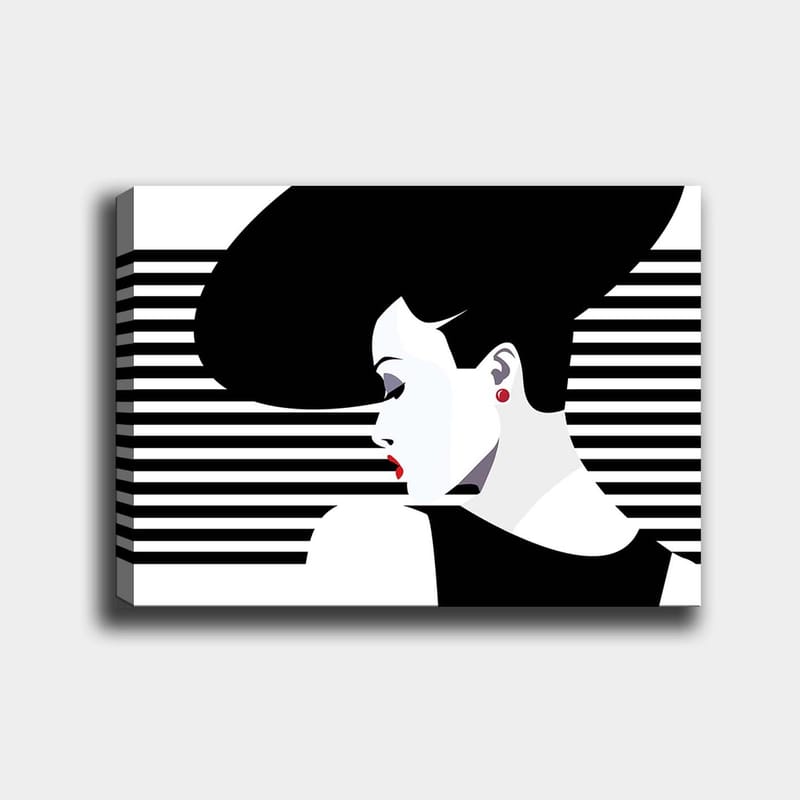 Lærred 70x100 cm - Stiliseret kvinde med stor frisure i profil, omgivet af sorte og hvide striber, Sort / Hvid / Rød