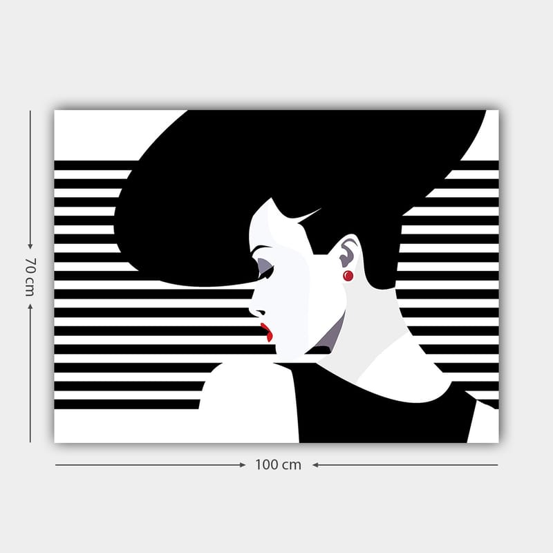 Lærred 70x100 cm - Stiliseret kvinde med stor frisure i profil, omgivet af sorte og hvide striber - Sort / Hvid / Rød - Boligtilbehør - Billeder & kunst - Billeder på lærred