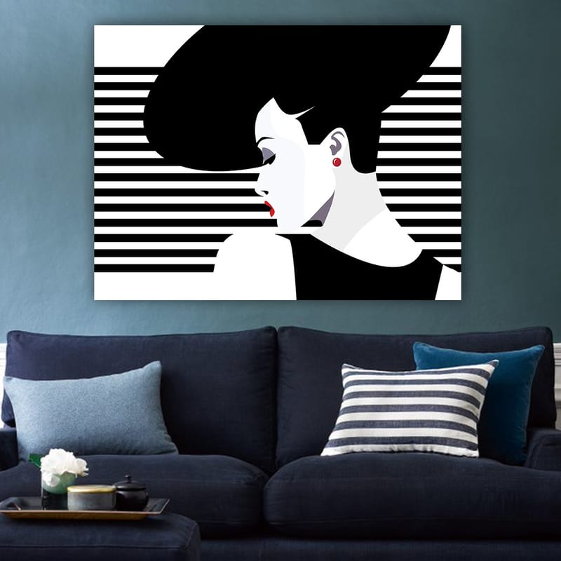 Lærred 70x100 cm - Stiliseret kvinde med stor frisure i profil, omgivet af sorte og hvide striber - Sort / Hvid / Rød - Boligtilbehør - Billeder & kunst - Billeder på lærred