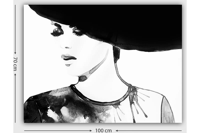 Lærred 70x100 cm - Stiliseret kvinde med stor hat og et udtryksfuldt ansigt - Sort / Hvid / Grå - Boligtilbehør - Billeder & kunst - Billeder på lærred
