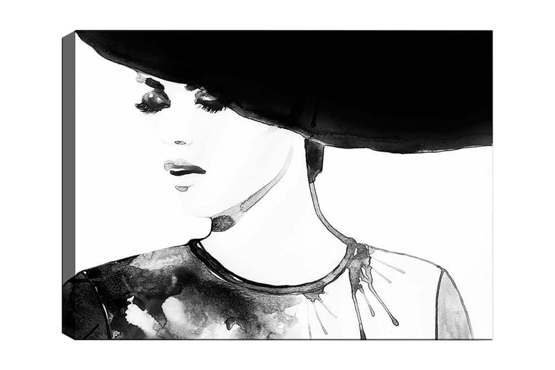 Lærred 70x100 cm - Stiliseret kvinde med stor hat og et udtryksfuldt ansigt, Sort / Hvid / Grå