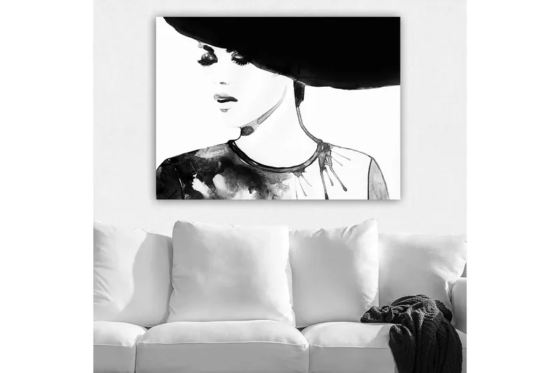 Lærred 70x100 cm - Stiliseret kvinde med stor hat og et udtryksfuldt ansigt - Sort / Hvid / Grå - Boligtilbehør - Billeder & kunst - Billeder på lærred