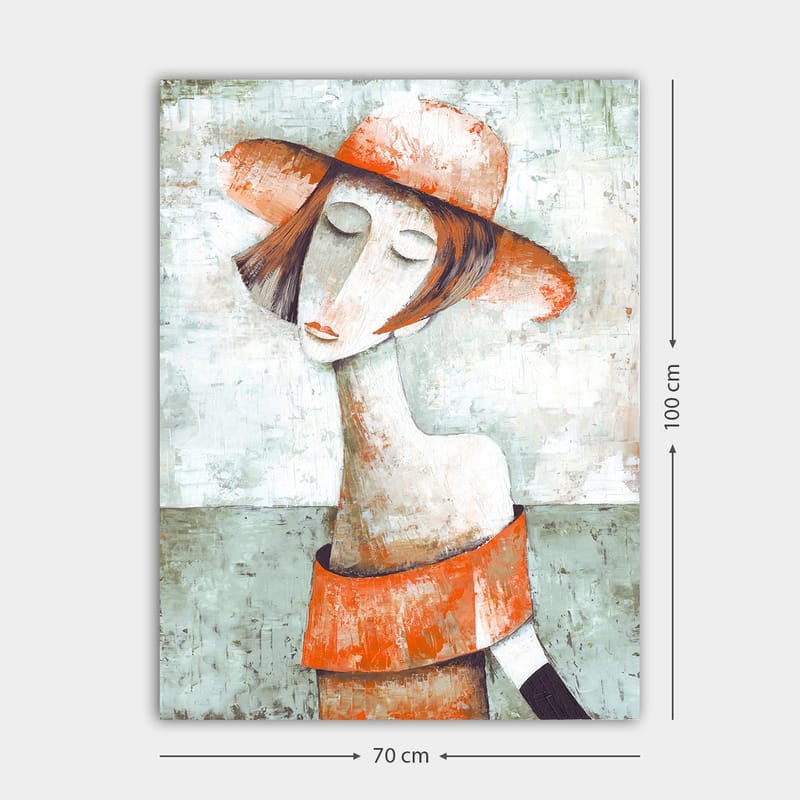 Lærred 70x100 cm - Stiliseret kvinde med stor hat og orange sweater, der giver en følelse af ro og eftertænksomhed - Orange / Grå / Hvid - Boligtilbehør - Billeder & kunst - Billeder på lærred