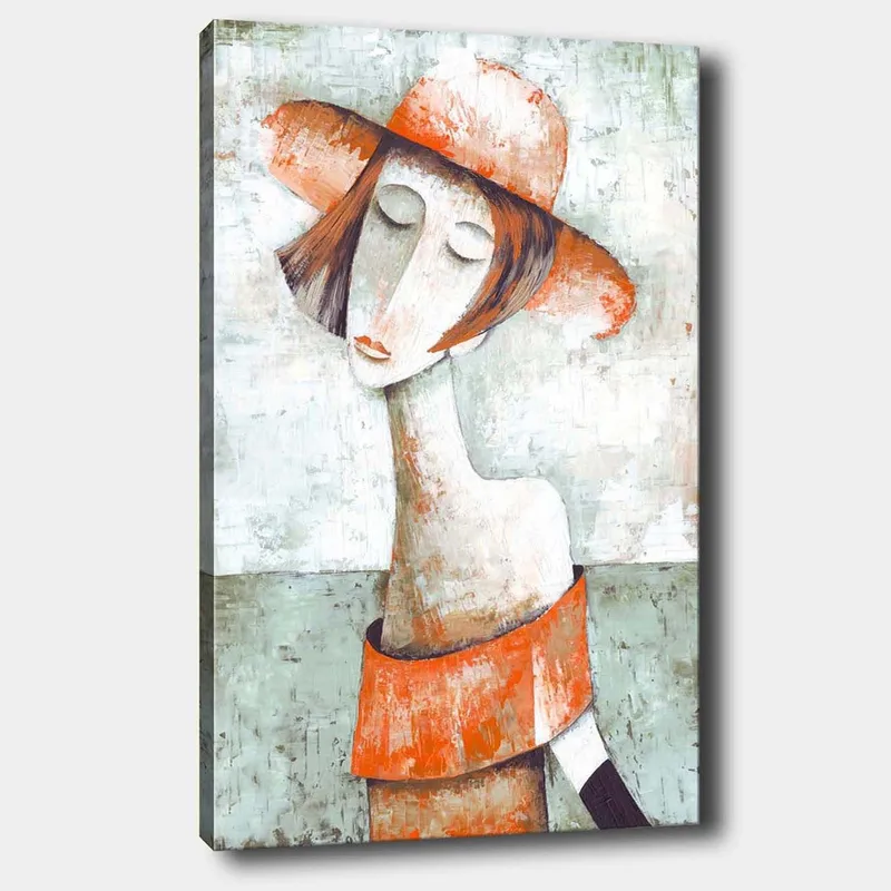 Lærred 70x100 cm - Stiliseret kvinde med stor hat og orange sweater, der giver en følelse af ro og eftertænksomhed, Orange / Grå / Hvid