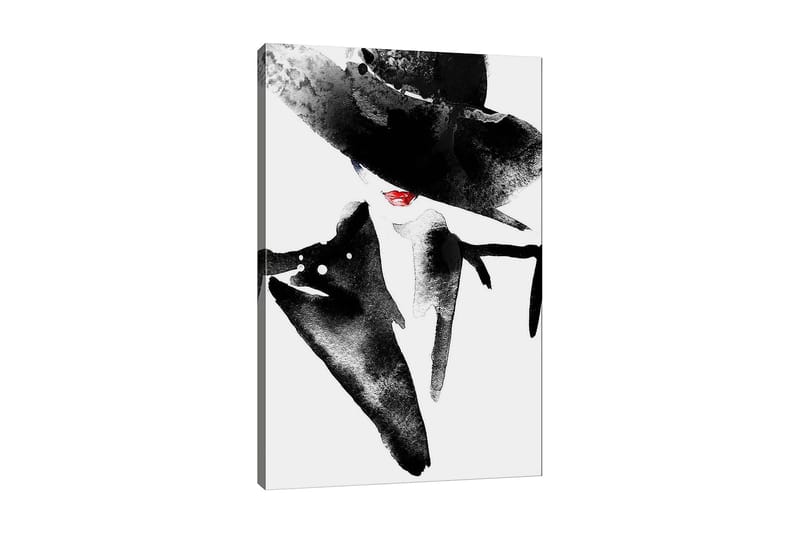 Lærred 70x100 cm - Stiliseret kvinde med stor hat og rød læbestift, der udstråler elegance og mystik, Sort / Rød