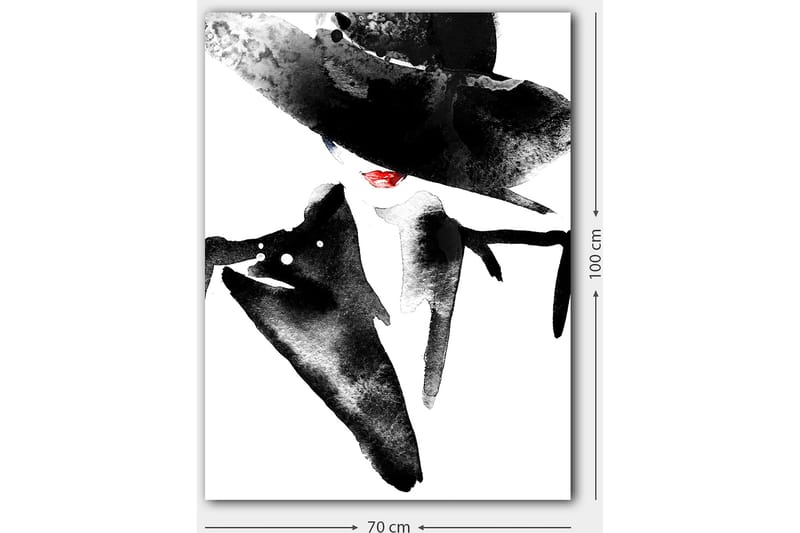 Lærred 70x100 cm - Stiliseret kvinde med stor hat og rød læbestift, der udstråler elegance og mystik - Sort / Rød - Boligtilbehør - Billeder & kunst - Billeder på lærred