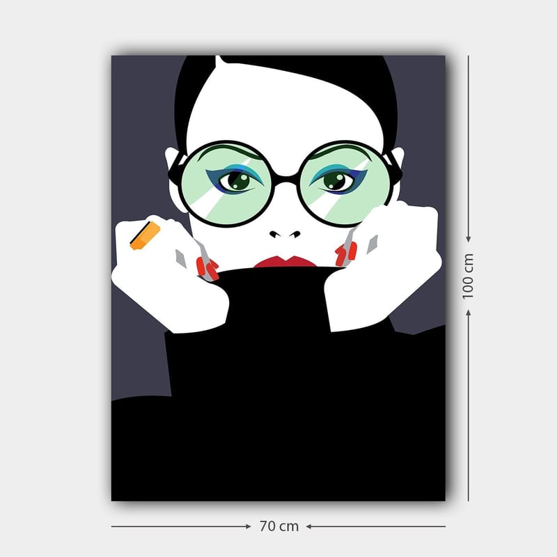 Lærred 70x100 cm - Stiliseret kvinde med store briller, der holder sit ansigt - Grøn / Sort / Rød - Boligtilbehør - Billeder & kunst - Billeder på lærred
