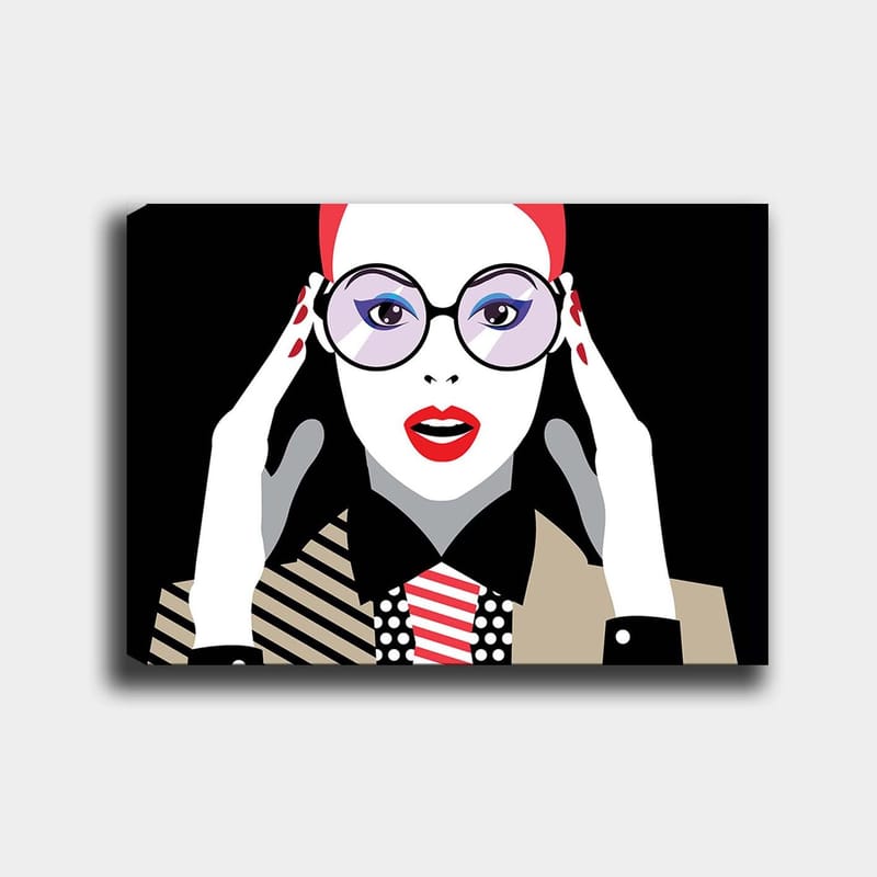 Lærred 70x100 cm - Stiliseret kvinde med store briller, der udtrykker overraskelse eller chok, Rød / Sort / Hvid