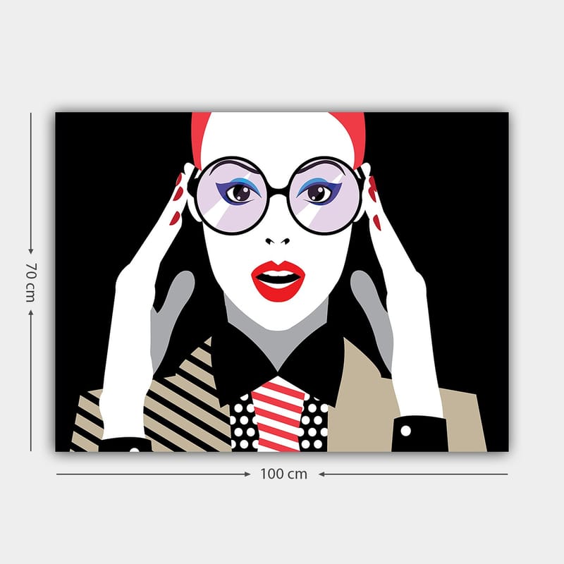 Lærred 70x100 cm - Stiliseret kvinde med store briller, der udtrykker overraskelse eller chok - Rød / Sort / Hvid - Boligtilbehør - Billeder & kunst - Billeder på lærred