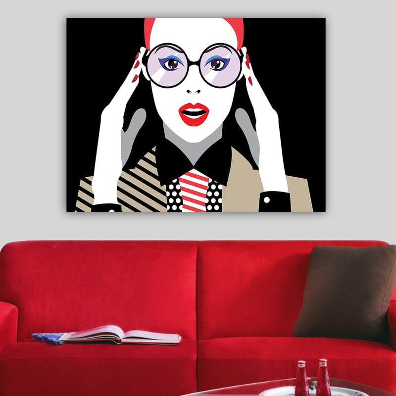 Lærred 70x100 cm - Stiliseret kvinde med store briller, der udtrykker overraskelse eller chok - Rød / Sort / Hvid - Boligtilbehør - Billeder & kunst - Billeder på lærred