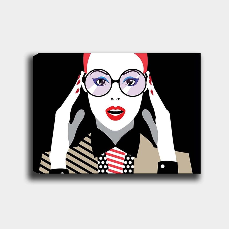 Lærred 70x100 cm - Stiliseret kvinde med store briller, der udtrykker overraskelse eller chok, Rød / Sort / Hvid