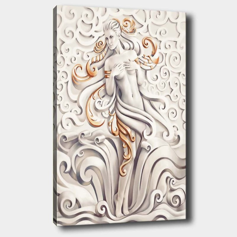 Lærred 70x100 cm - Stiliseret kvinde omgivet af svingende mønstre og ornamentik, Hvid / Beige / Guld