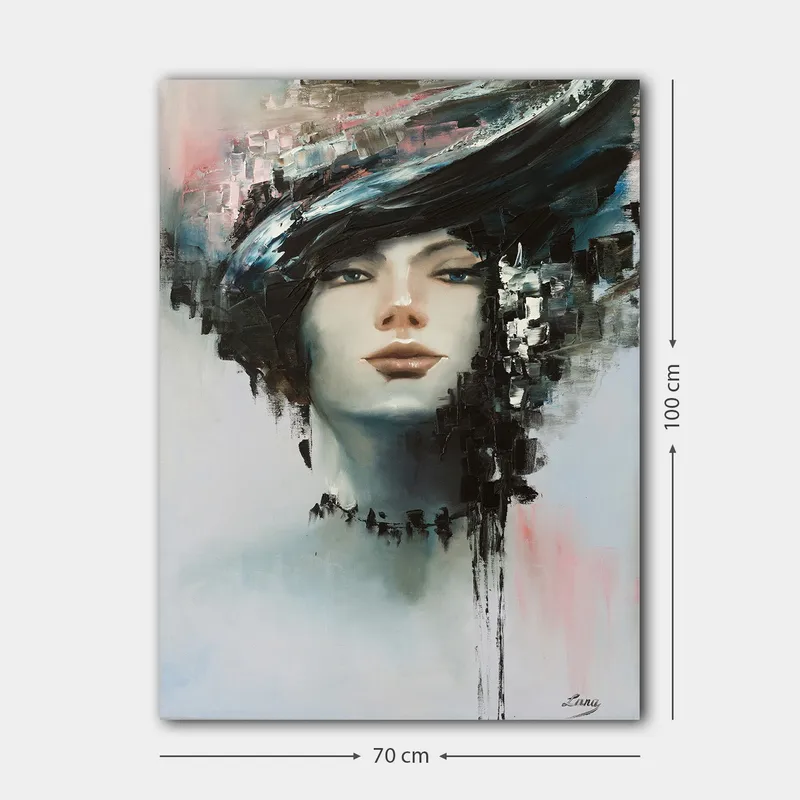 Lærred 70x100 cm - Stiliseret kvindeansigt med dramatisk frisure i sort og grå - Sort / Grå / Beige - Boligtilbehør - Billeder & kunst - Billeder på lærred