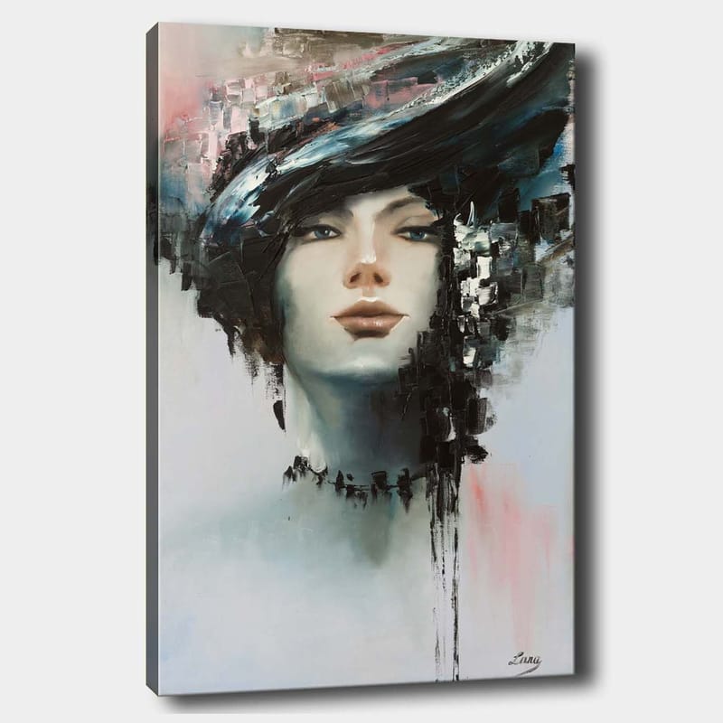 Lærred 70x100 cm - Stiliseret kvindeansigt med dramatisk frisure i sort og grå, Sort / Grå / Beige