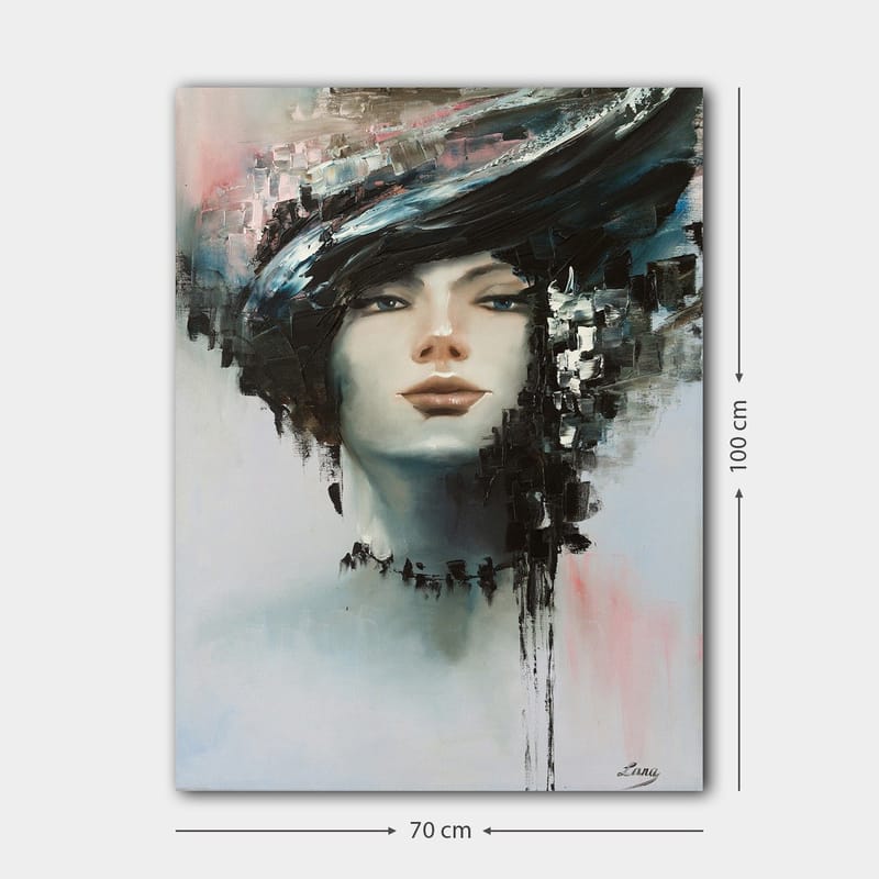 Lærred 70x100 cm - Stiliseret kvindeansigt med dramatisk frisure i sort og grå - Sort / Grå / Beige - Boligtilbehør - Billeder & kunst - Billeder på lærred