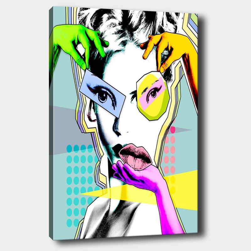 Lærred 70x100 cm - Stiliseret kvindeansigt med farverige hænder, der interagerer med ansigtet, Grøn / Lyserød / Gul