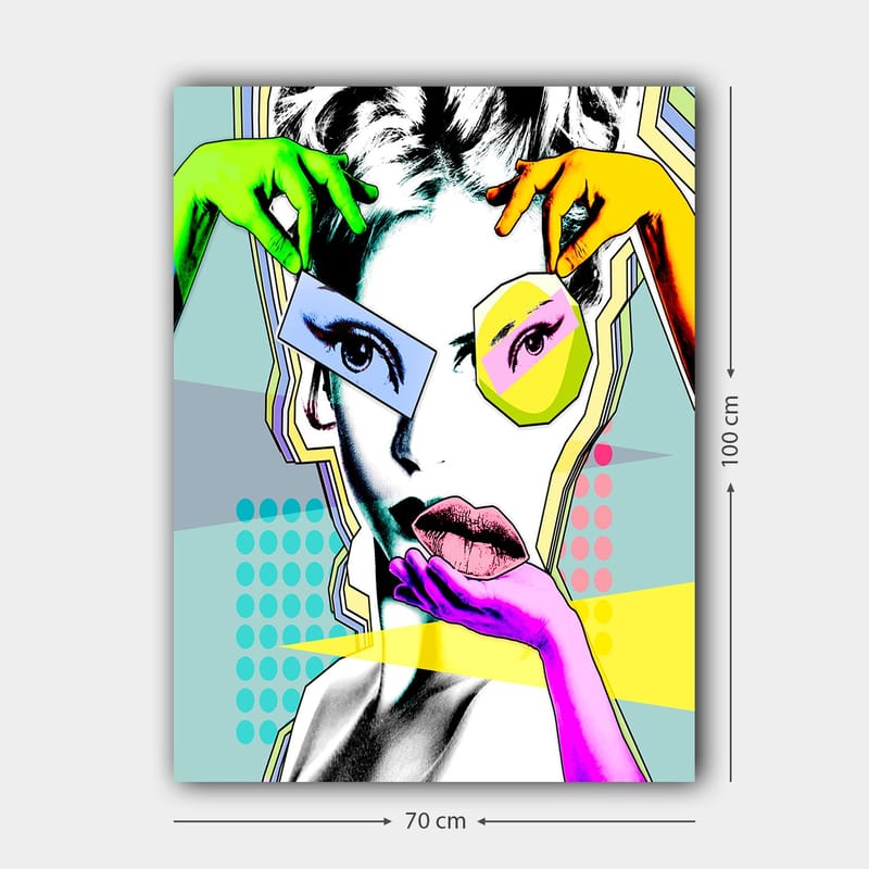 Lærred 70x100 cm - Stiliseret kvindeansigt med farverige hænder, der interagerer med ansigtet - Grøn / Lyserød / Gul - Boligtilbehør - Billeder & kunst - Billeder på lærred