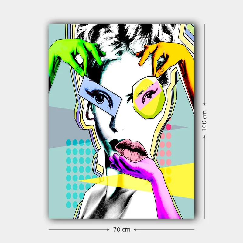 Lærred 70x100 cm - Stiliseret kvindeansigt med farverige hænder, der interagerer med ansigtet - Grøn / Lyserød / Gul - Boligtilbehør - Billeder & kunst - Billeder på lærred