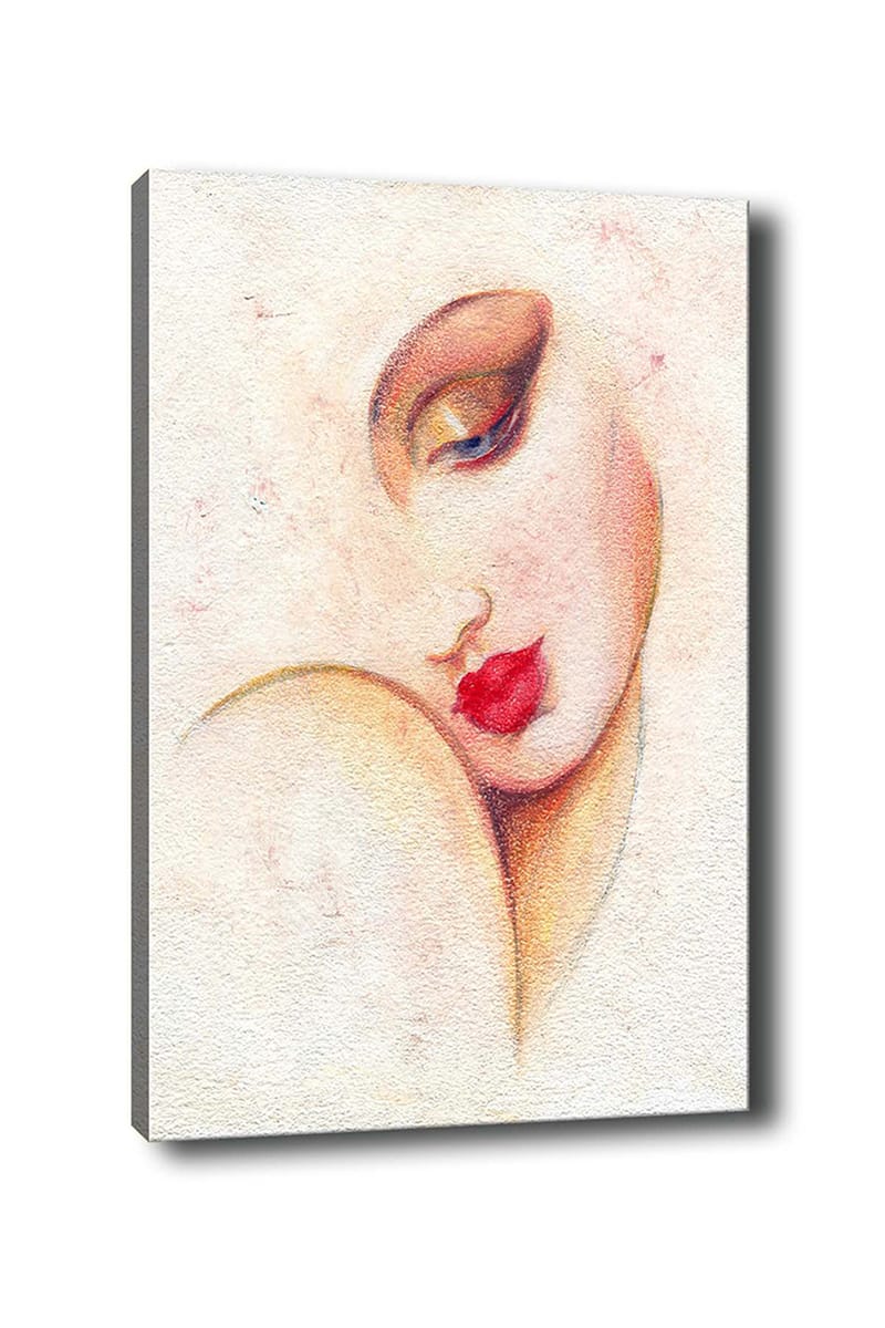 Lærred 70x100 cm - Stiliseret kvindeansigt med fremtrædende læber og øjne, Rød / Beige / Brun