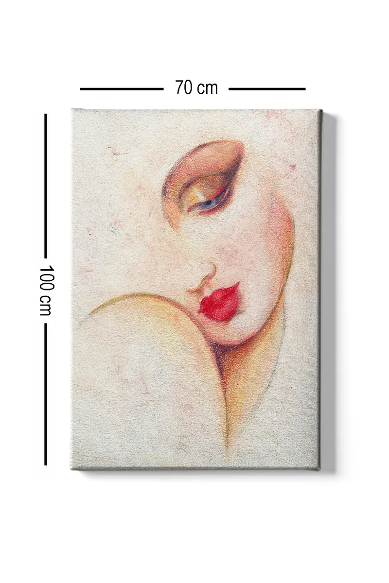 Lærred 70x100 cm - Stiliseret kvindeansigt med fremtrædende læber og øjne - Rød / Beige / Brun - Boligtilbehør - Billeder & kunst - Billeder på lærred