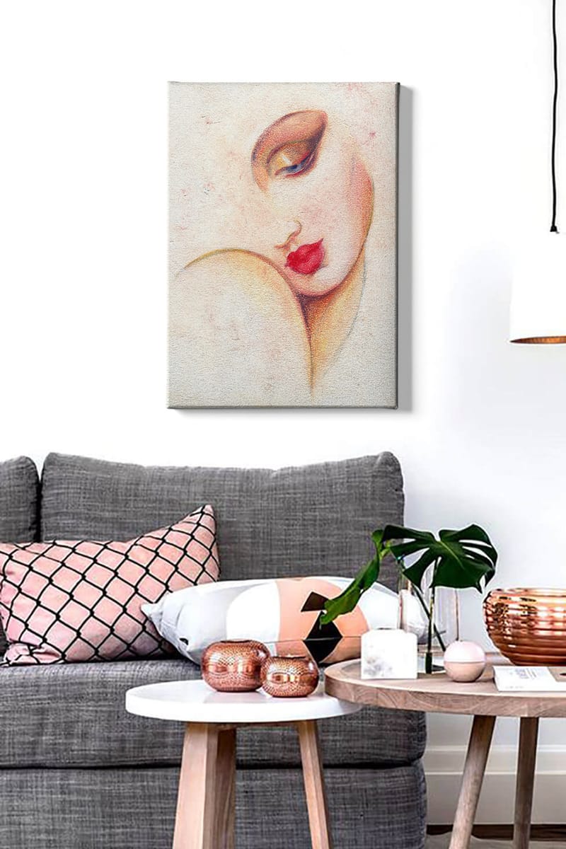 Lærred 70x100 cm - Stiliseret kvindeansigt med fremtrædende læber og øjne - Rød / Beige / Brun - Boligtilbehør - Billeder & kunst - Billeder på lærred