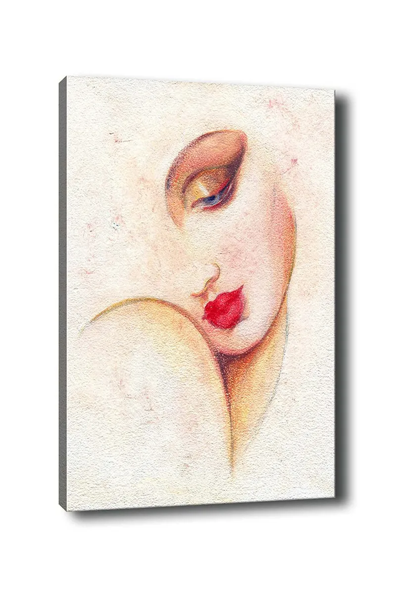 Lærred 70x100 cm - Stiliseret kvindeansigt med fremtrædende læber og øjne, Rød / Beige / Brun