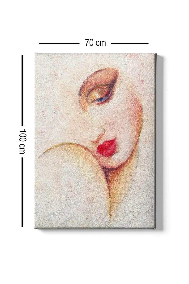 Lærred 70x100 cm - Stiliseret kvindeansigt med fremtrædende læber og øjne - Rød / Beige / Brun - Boligtilbehør - Billeder & kunst - Billeder på lærred